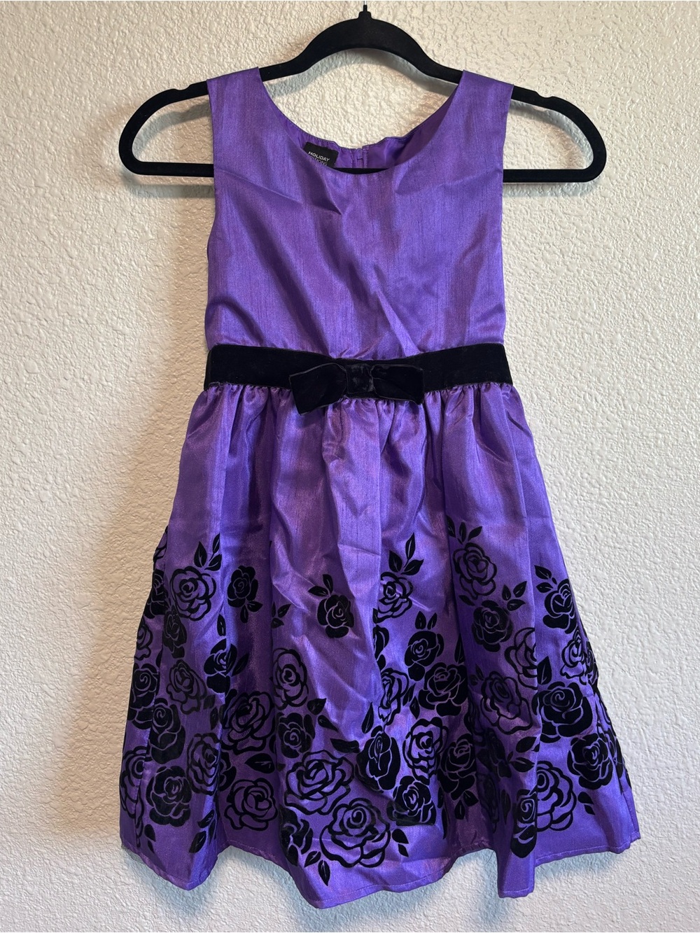 Girls Purple Floral Velvet-Trim Party Dress Size L 10/12